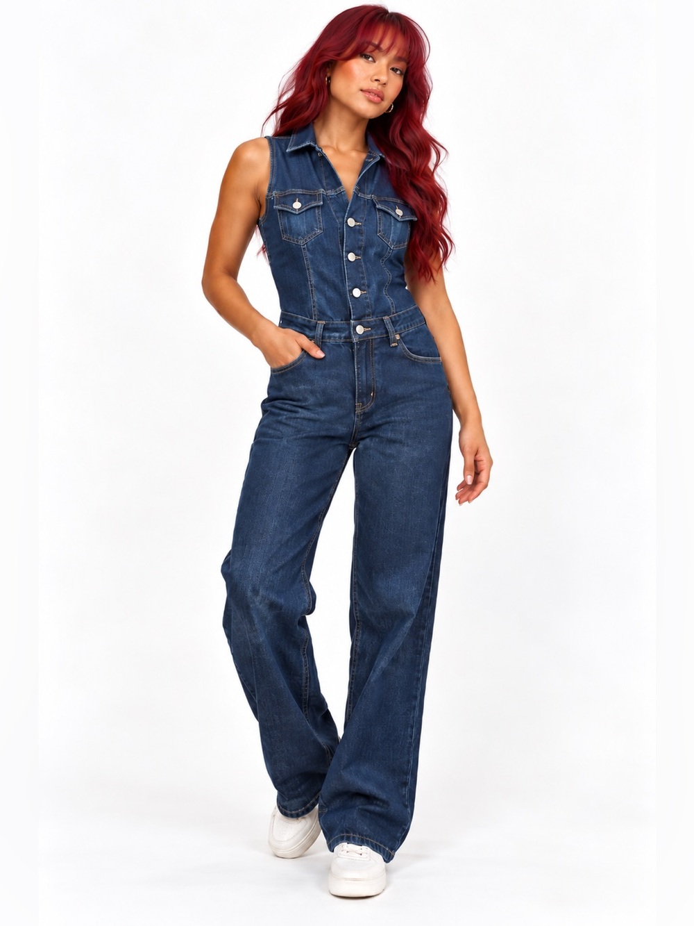 Levis Womens 28 M dark Denim collar Sleeveless Jumpsuit Button Front Utility